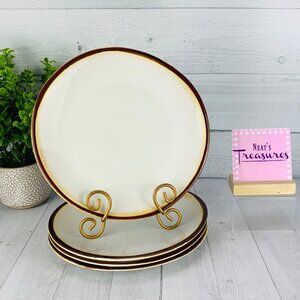 Matceramica White Brown Trim Smooth Portugal Stoneware Round Dinner Plates Set 4